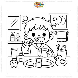 Tranh tô màu bé đánh răng buổi tối