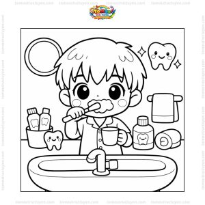 Tranh tô màu bé đánh răng chibi