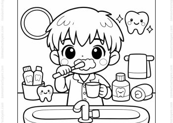 Tranh tô màu bé đánh răng chibi