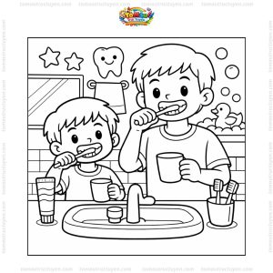 Tranh tô màu bé đánh răng cùng bố