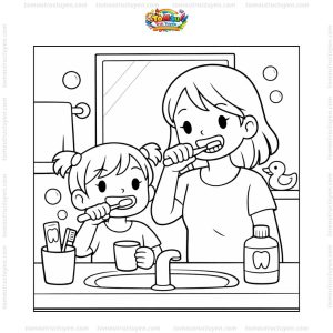 Tranh tô màu bé đánh răng cùng mẹ