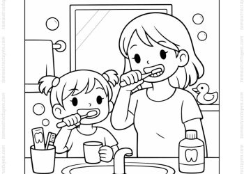 Tranh tô màu bé đánh răng cùng mẹ