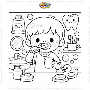 Tranh tô màu bé đánh răng cute