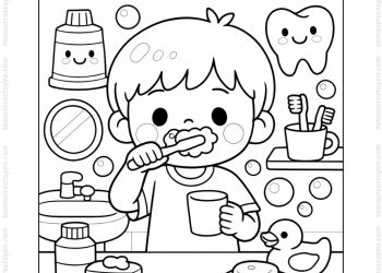 Tranh tô màu bé đánh răng cute