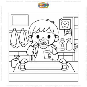 Tranh tô màu bé đánh răng ở trường
