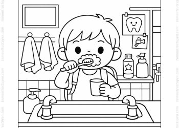 Tranh tô màu bé đánh răng ở trường