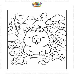 Tranh tô màu Capybara tắm suối
