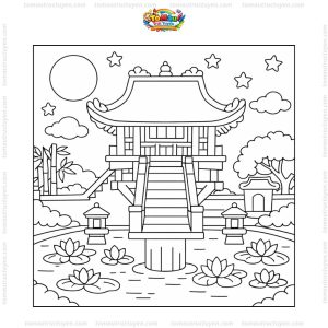 Tranh tô màu chùa Một Cột ban đêm