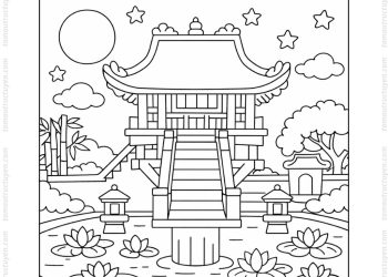 Tranh tô màu chùa Một Cột ban đêm