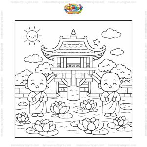 Tranh tô màu chùa Một Cột cute