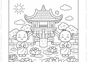 Tranh tô màu chùa Một Cột cute