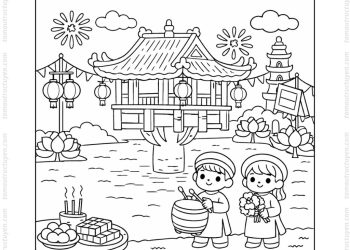 Tranh tô màu chùa Một Cột lễ hội