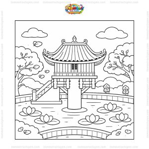 Tranh tô màu chùa Một Cột mùa thu