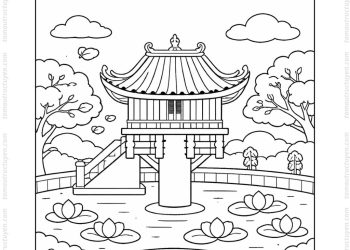 Tranh tô màu chùa Một Cột mùa thu