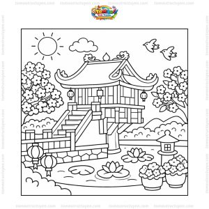 Tranh tô màu chùa Một Cột mùa xuân