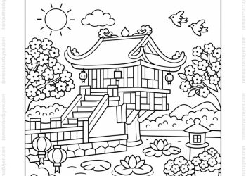 Tranh tô màu chùa Một Cột mùa xuân