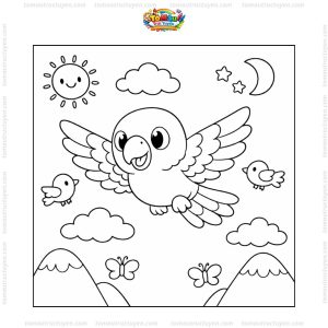 Tranh tô màu con vẹt bay trên trời