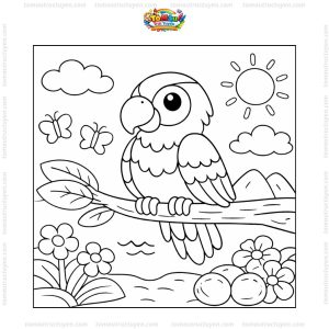 Tranh tô màu con vẹt đậu cành cây