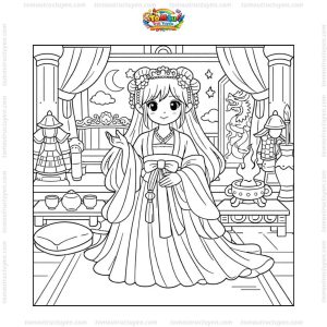 Tranh tô màu công chúa cổ trang váy dài